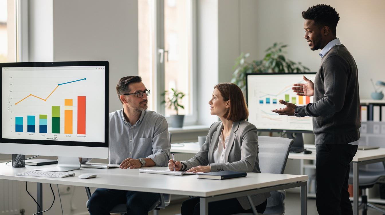 Team of researchers analyzing data on screens in a modern office