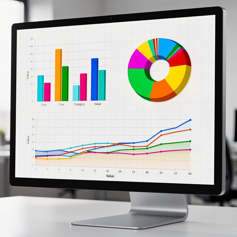 Data visualization charts and graphs on a screen